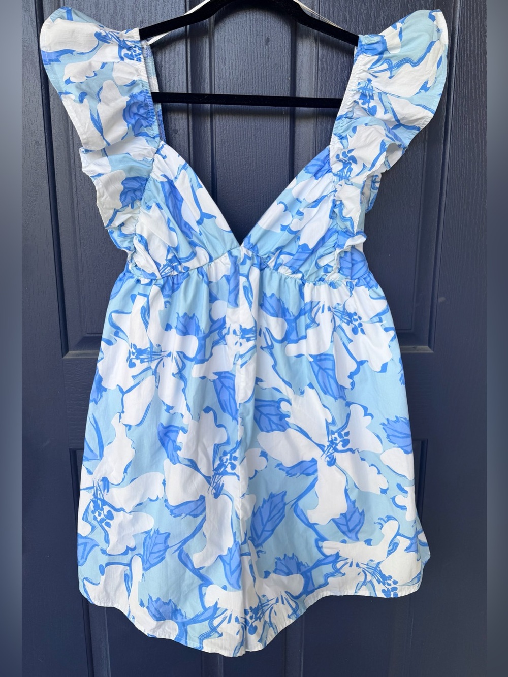Peach Love California Blue and White Floral Ruffle Shorts (Romper), Sz S